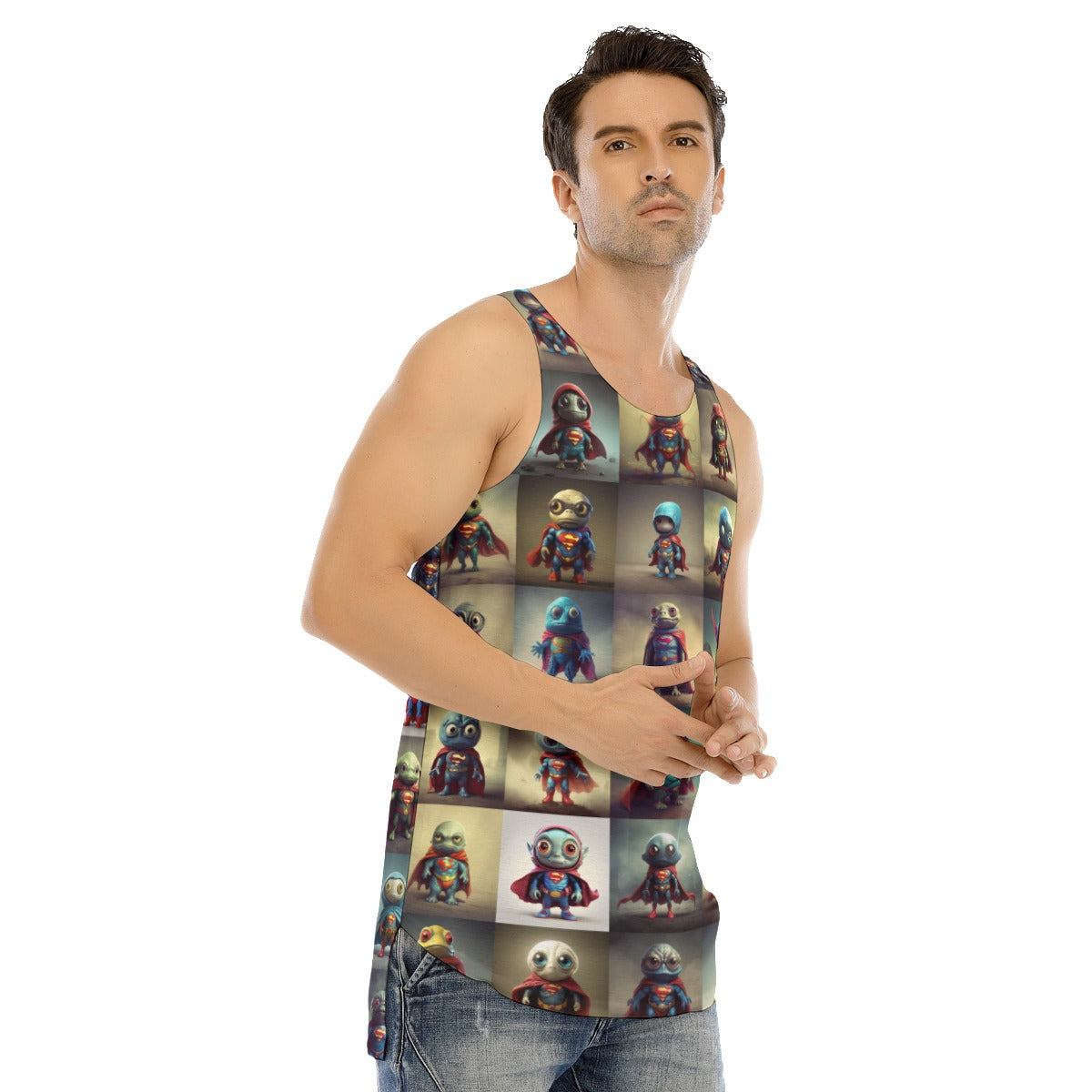 SUPER ALIEN BABIES -All-Over Print Men's Curved Hem Long Tank Top