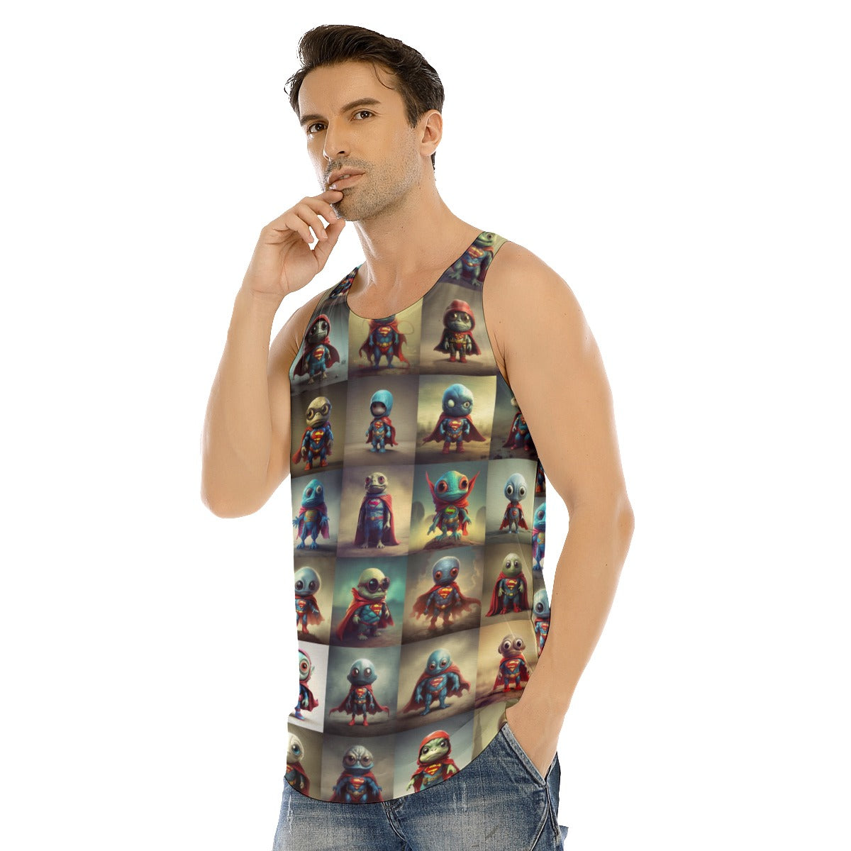 SUPER ALIEN BABIES -All-Over Print Men's Curved Hem Long Tank Top