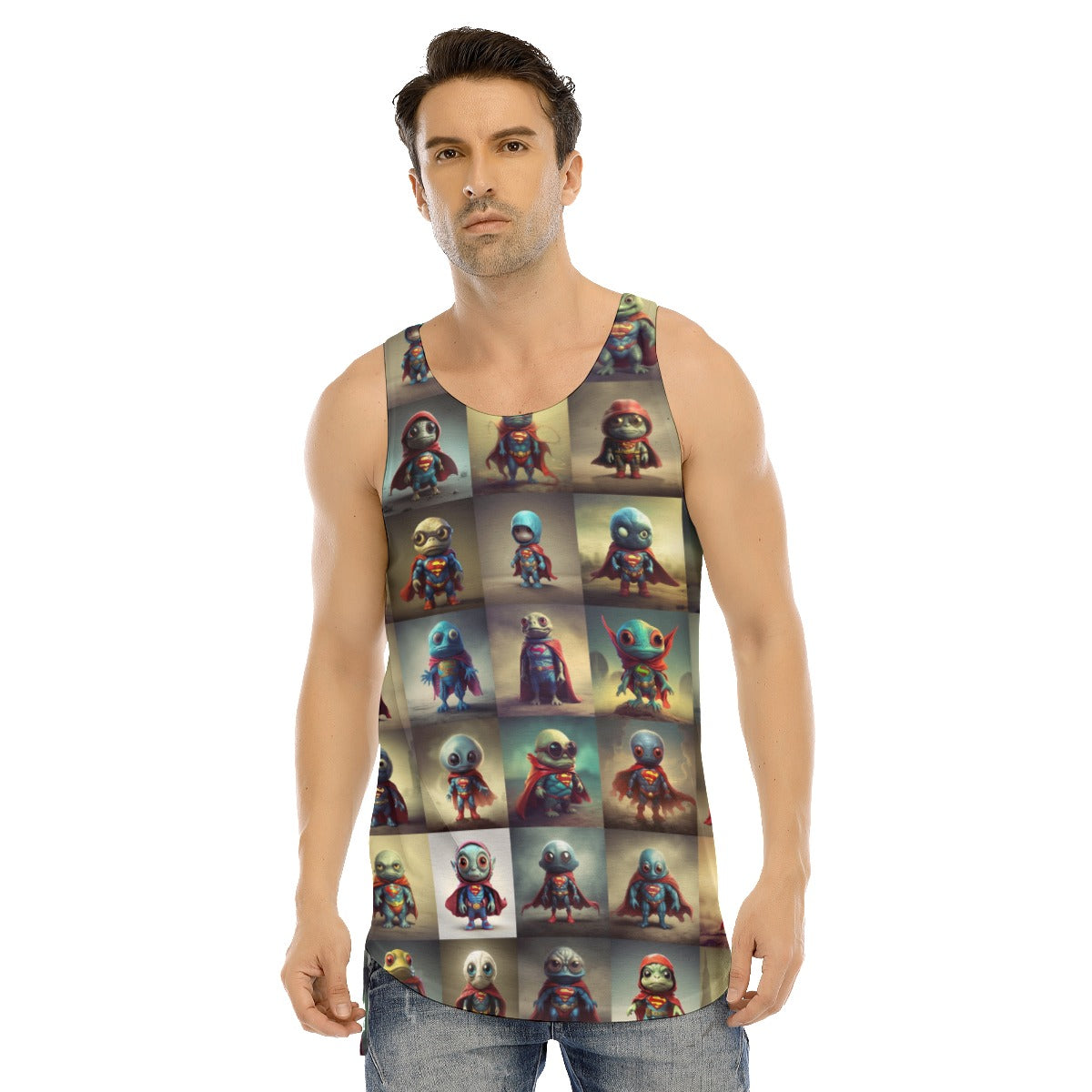 SUPER ALIEN BABIES -All-Over Print Men's Curved Hem Long Tank Top